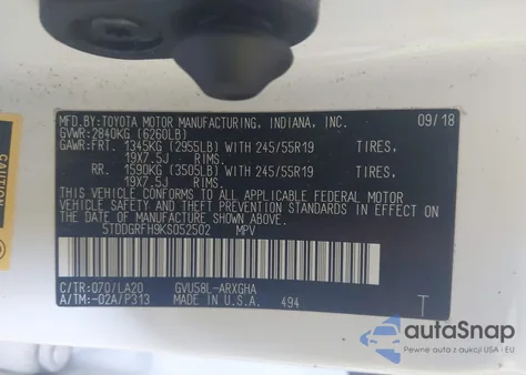 2019 Toyota Highlander Hybrid Limited Platinum z USA, uszkodzony, nr VIN 5TDDGRFH9KS052502